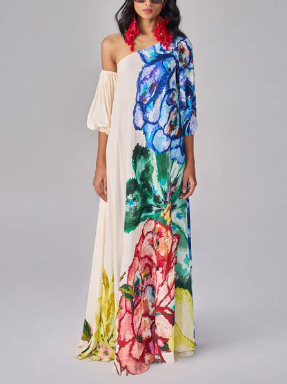 Loose Puff Sleeves Asymmetric Contrast Color Elasticity Flower Print Split-Joint One-Shoulder Maxi Dresses