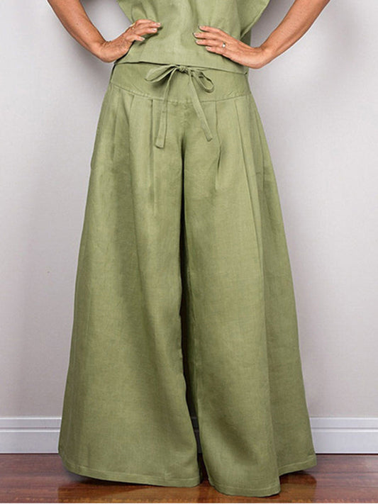 High Waisted Loose Drawstring Pleated Solid Color Split-Joint Pants Trousers