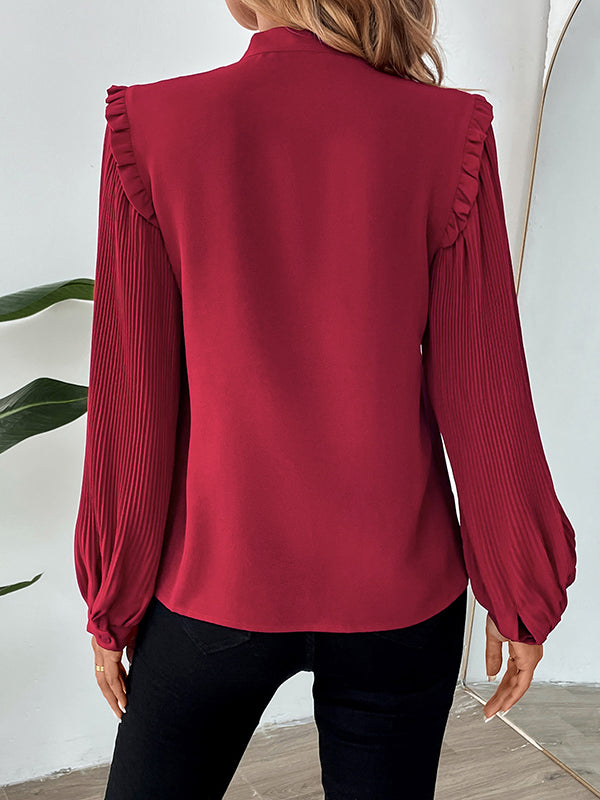 Long Sleeves Loose Pleated Ruffle Trim Solid Color Split-Joint Tied V-Neck Blouses&Shirts Tops