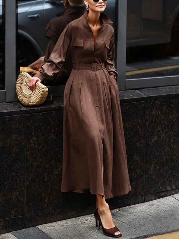 Loose Puff Sleeves Pleated Solid Color Split-Joint Lapel Maxi Dresses Shirt Dress