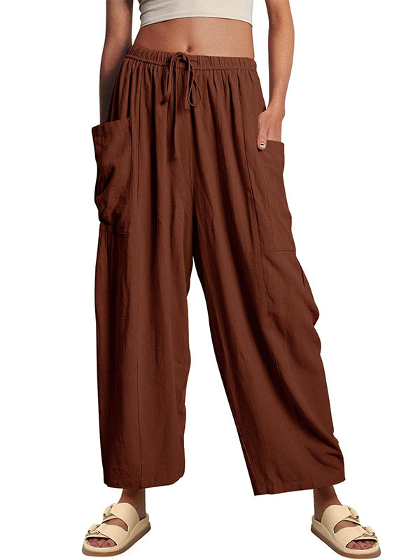 High Waisted Loose Drawstring Elasticity Pleated Pockets Solid Color Ninth Pants Trousers
