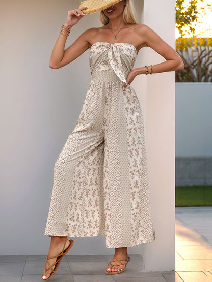 High Waisted Sleeveless Backless Contrast Color Pleated Printed Split-Joint Tied Twist Tube Jumpsuits