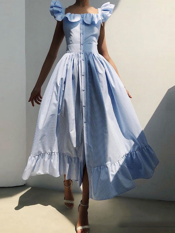 A-Line Loose Buttoned Pleated Ruffle Trim Striped Square-Neck Maxi Dresses