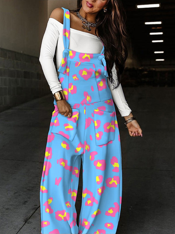 Loose Sleeveless Knot Leopard Pockets Split-Joint Overalls