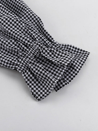 Loose  Contrast Color Plaid Ruffled Split-Joint  Long Sleeves Buttoned Lapel Blouses&Shirts Tops + Pants Two Pieces Set