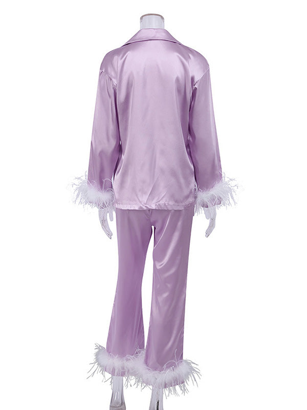 Long Sleeves Buttoned Feathers Split-Joint Notched Collar Shirts Top + Pants Bottom Pajama Sets