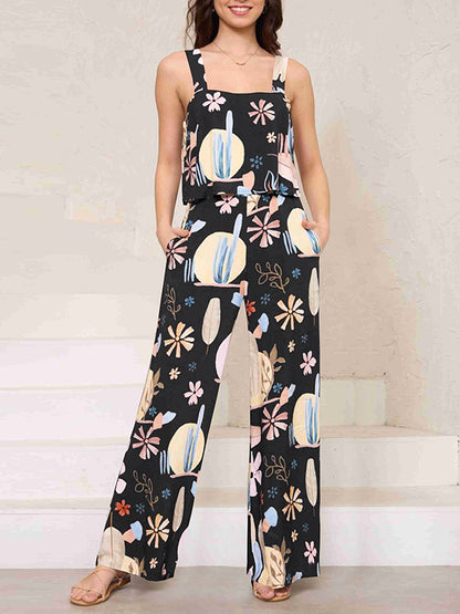 Loose Sleeveless Elasticity Pockets Printed Spaghetti-Neck Jumpsuits