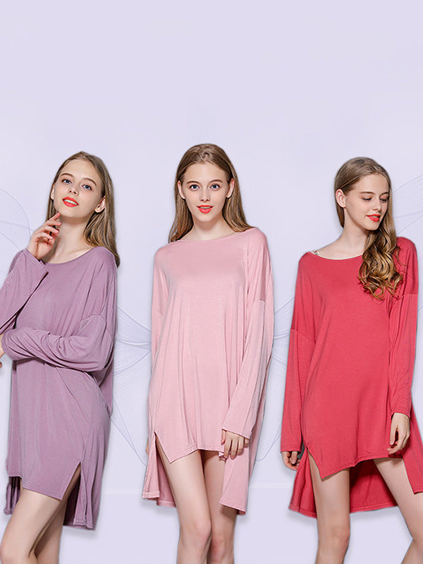 Solid Color Modal Plus Size High-Low Long Sleeve Pajamas Dress