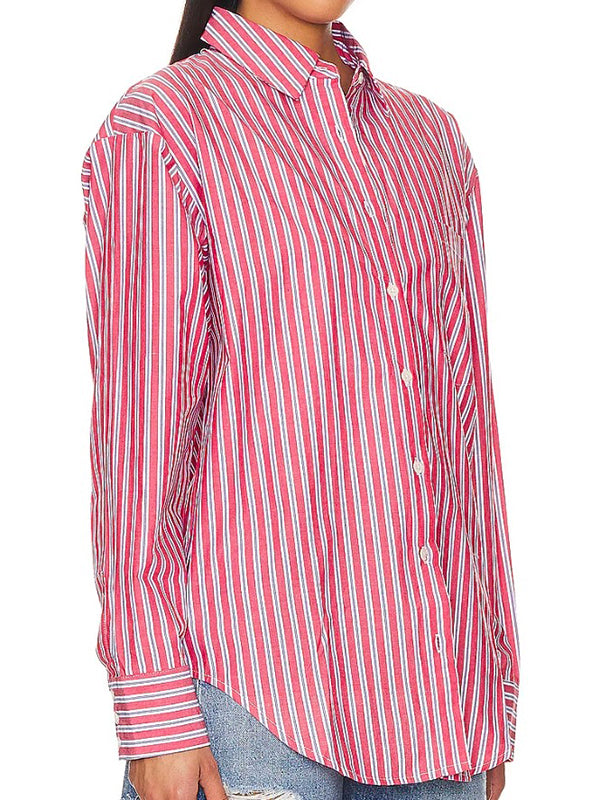 Long Sleeves Loose Buttoned Split-Joint Striped Lapel Blouses&Shirts Tops