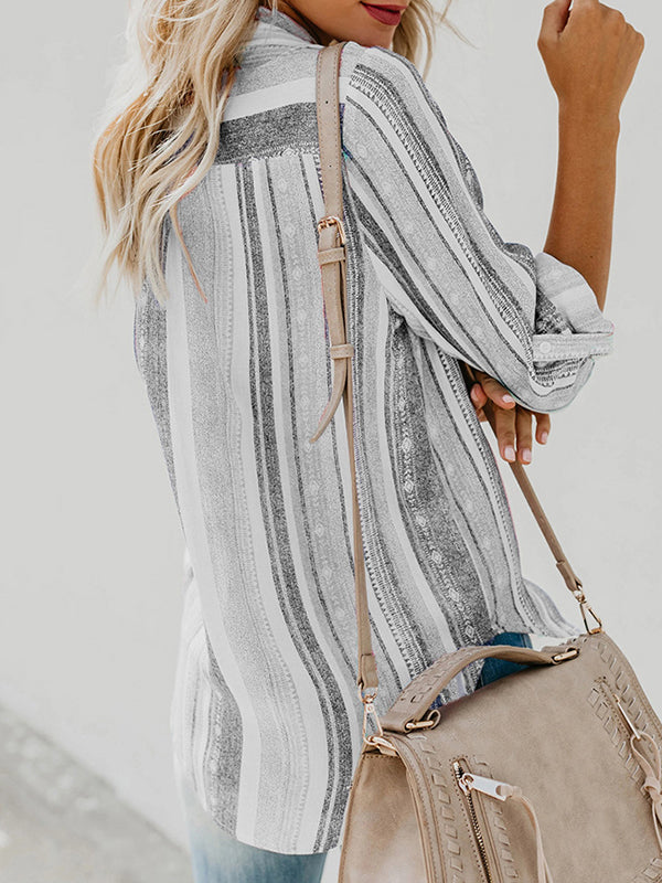 High-Low Long Sleeves Buttoned Pockets Striped Lapel Blouses&Shirts Tops