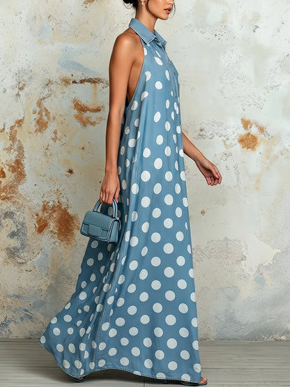 A-Line Loose Buttoned Contrast Color Pleated Polka Dot Lapel Maxi Dresses