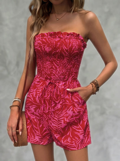 Sleeveless Leaves Print Pleated Pockets Solid Color Split-Joint Tied Waist Tube Rompers