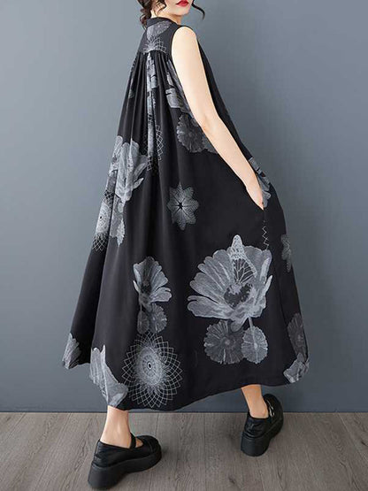 A-Line Loose Buttoned Flower Print Pleated Pockets Round-Neck Midi Dresses