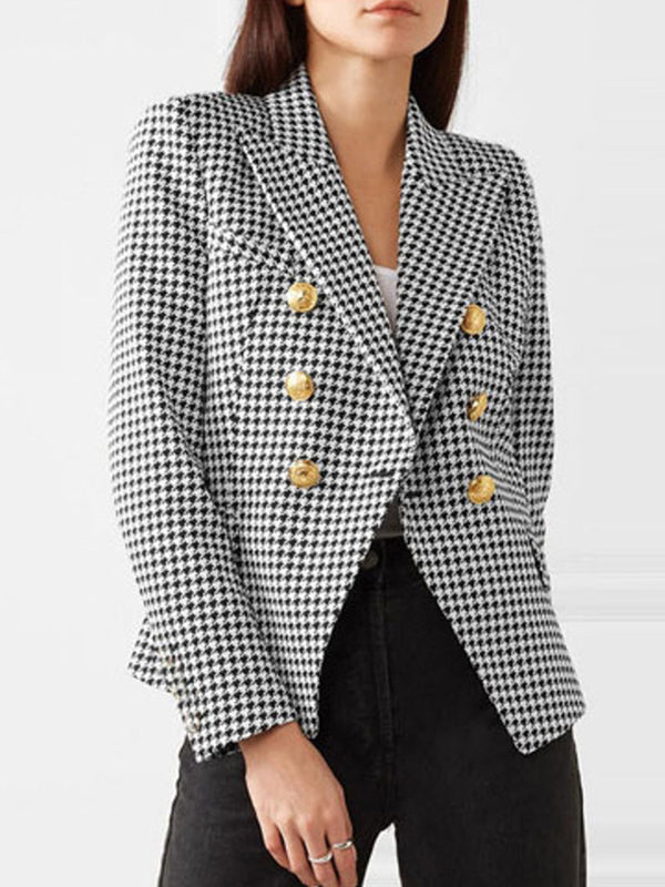 Long Sleeves Buttoned Houndstooth Notched Collar Blazer Outerwear
