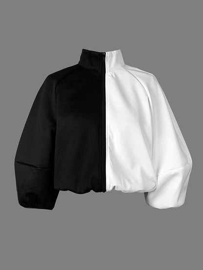 Loose Puff Sleeves Contrast Color Split-Joint Stand Collar Outerwear