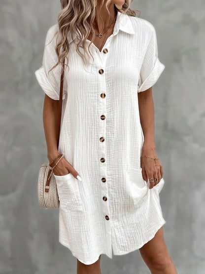 Half Sleeves Loose Buttoned Pockets Solid Color Lapel Mini Dresses