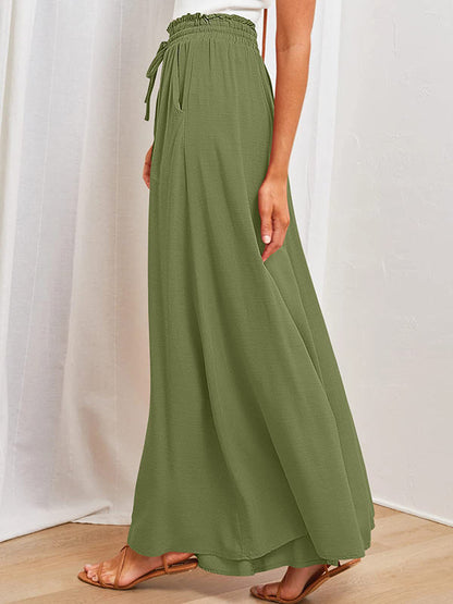 High Waisted Loose Drawstring Elasticity Pleated Pockets Solid Color Pants Trousers