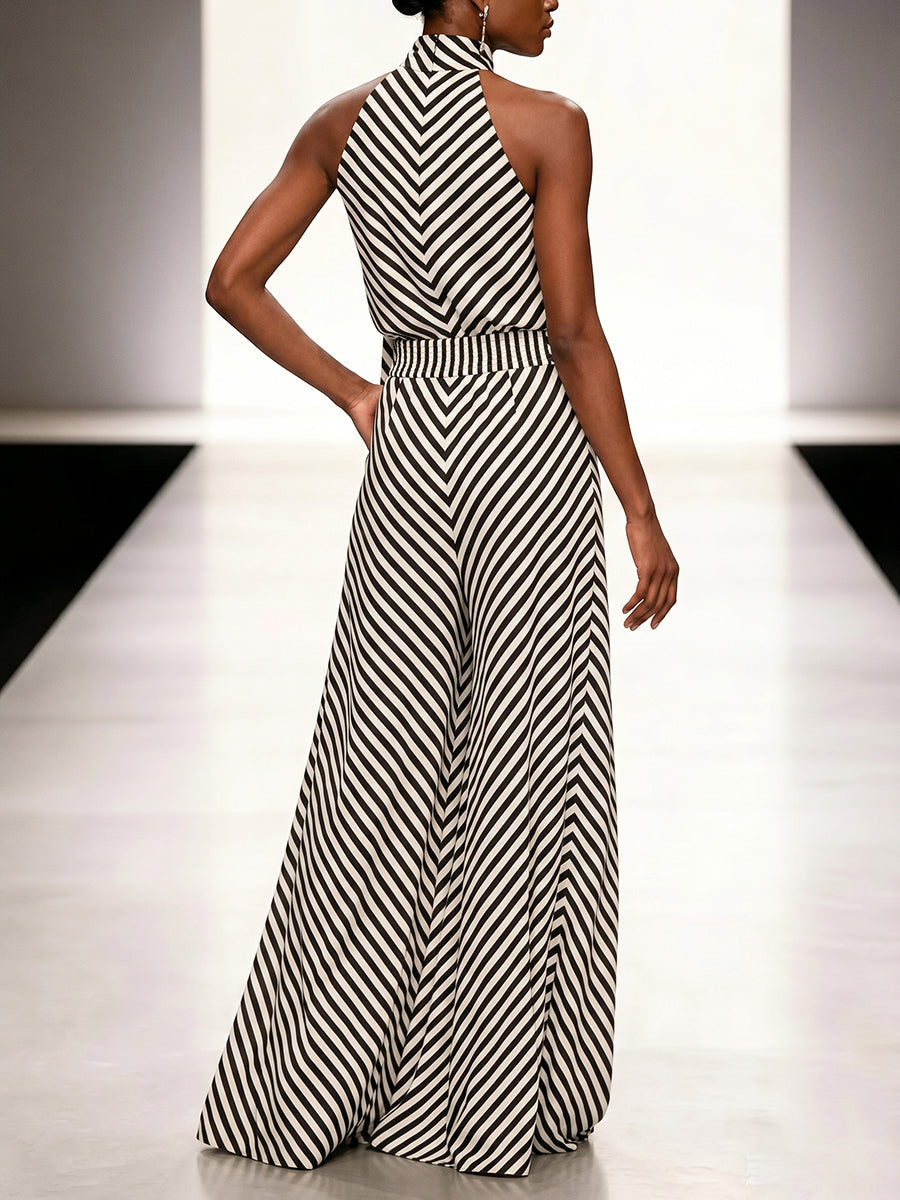 High Waisted Loose Buckle Contrast Color Elasticity Striped Pants Trousers