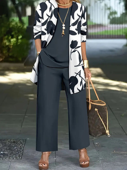 Solid Color Round-neck Sleeveless Tank Top+ Contrast Color Flower Print Outerwear +High Waisted Pockets Pants Trousers Three Pieces Set