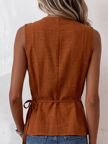 Tied Solid Color Asymmetric Sleeveless V-neck Blouses&shirts Tops