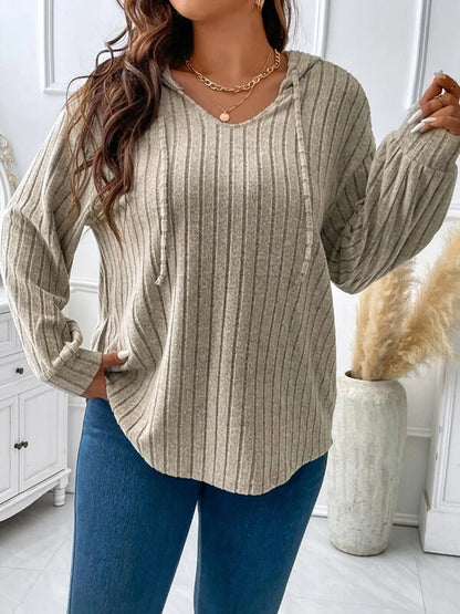 Hooded Long Sleeves Drawstring Solid Color V-Neck T-Shirts Tops