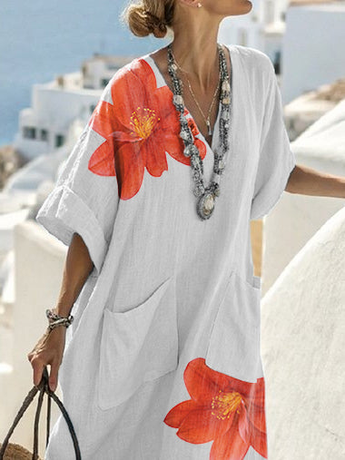 Half Sleeves Loose Flower Print V-Neck Midi Dresses