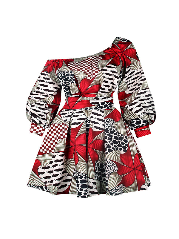 High Waisted Loose Buttoned Elasticity Flower Print Pleated Square-Neck Midi Dresses