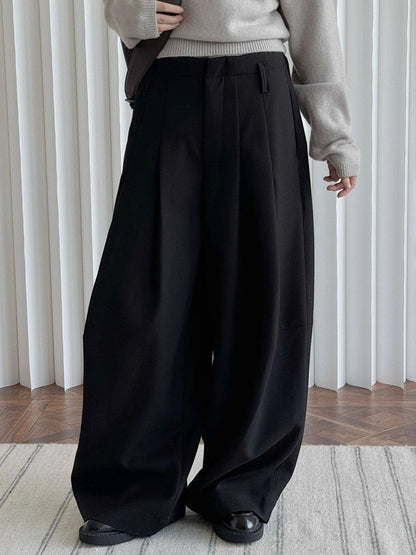 Loose Wide Leg Buttoned Pleated Pockets Solid Color Zipper Suit Pants