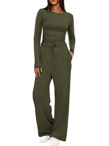 Solid Color Pleated Round-Neck T-Shirts Tops +  Elasticated Waist High Waisted Drawstring Pants Two Pieces Set