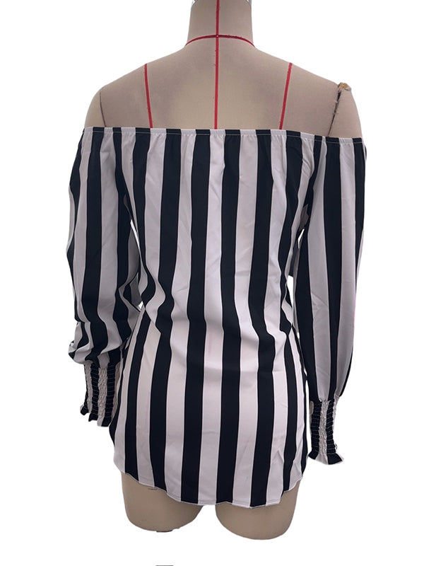 Long Sleeves Loose Contrast Color Elasticity Split-Joint Striped Tied Waist Off-The-Shoulder Blouses&Shirts Tops