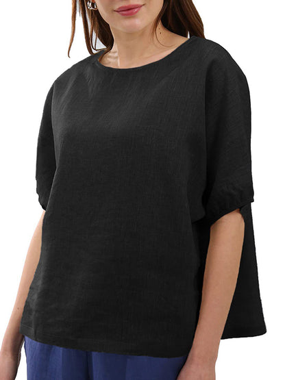 Loose Puff Sleeves Hollow Solid Color Split-Joint Round-Neck T-Shirts