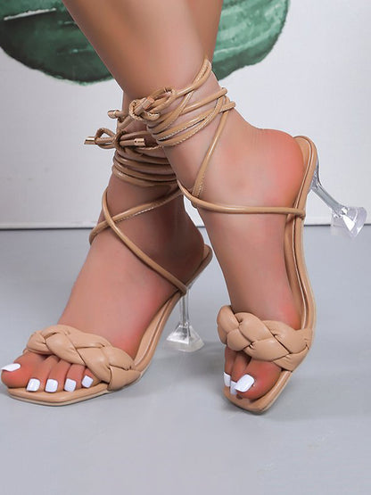Lace-Up Open Toe Split-Joint Square-Toe Pumps Sandals
