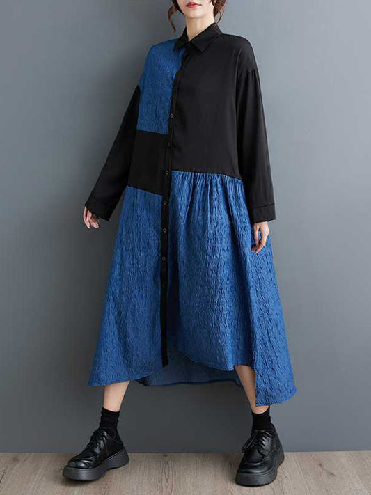 High-Low Long Sleeves Asymmetric Buttoned Split-Joint Lapel Midi Dresses