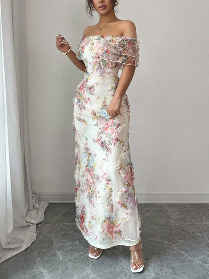 Bodycon Contrast Color Flower Print Ruffle Trim Split-Joint Off-The-Shoulder Midi Dresses