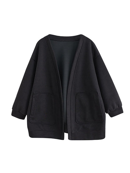 Long Sleeves Loose Pockets Solid Color Collarless Outerwear
