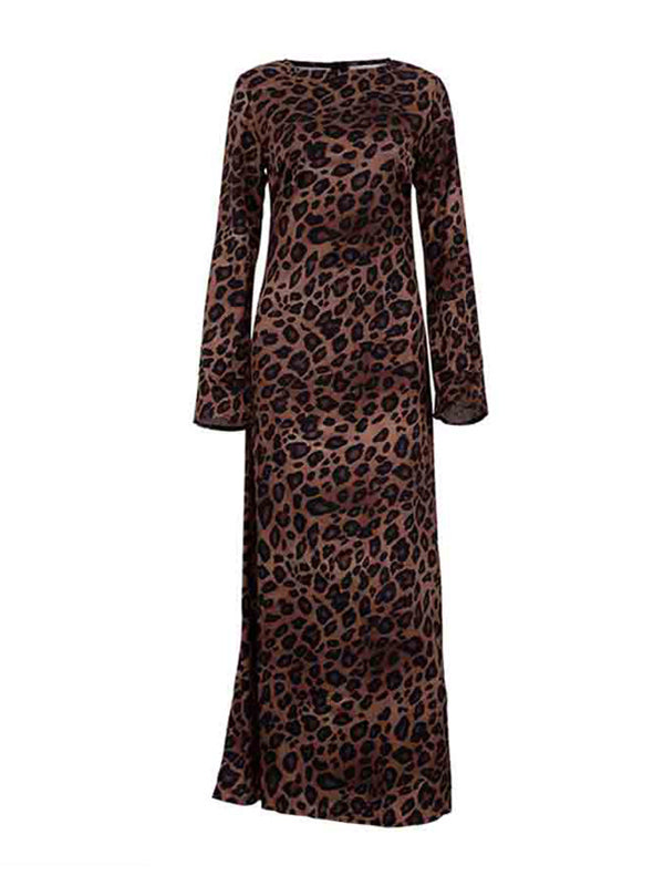 Bodycon High Waisted Leopard Zipper Round-Neck Maxi Dresses
