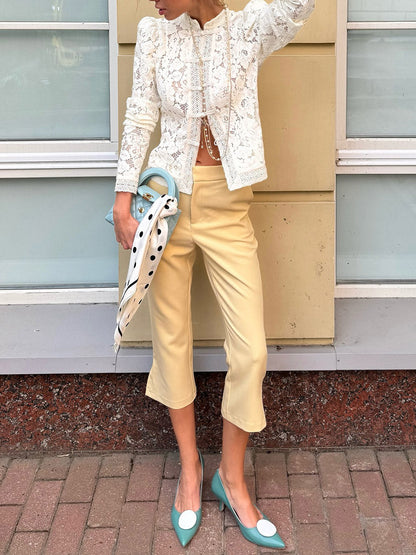 Long Sleeves Crochet Hollow Knot Solid Color Split-Joint Stand Collar Blouses&Shirts Tops