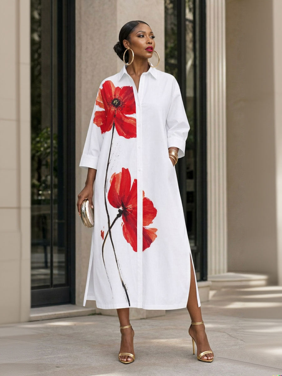 Split-side Pockets Flower Print Contrast Color Buttoned Three-quarter Sleeves Loose Lapel Shirt Dress Maxi Dresses