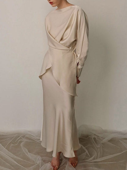 Loose Solid Color Split-Joint Boat Neck Long Sleeves Blouse & Shirt + Skirt Two Pieces Set