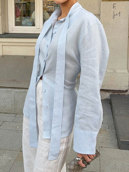 Long Sleeves Buttoned Solid Color Streamer Lapel Blouses&Shirts Tops