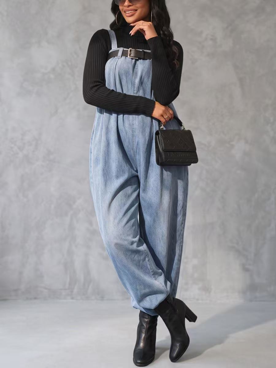 Solid Color Elasticity Belted Wide Leg Sleeveless Spaghetti-Neck Overalls