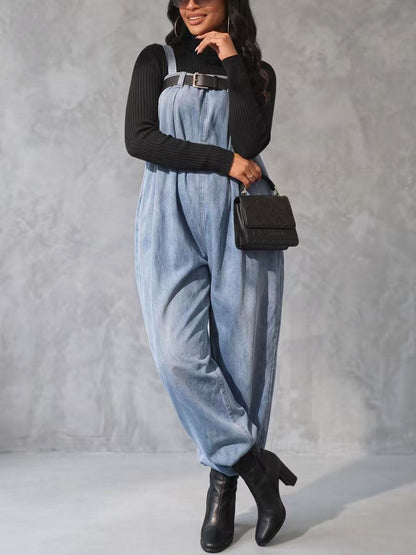 Solid Color Elasticity Belted Wide Leg Sleeveless Spaghetti-Neck Overalls