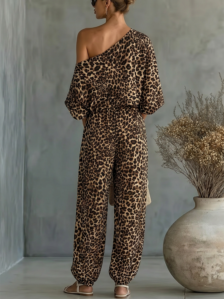 Half Sleeves Leopard Printed One-Shoulder Blouses&Shirts Tops + Pleated Pockets High Waisted Ankle-Tied Pants Trousers Two Pieces Set