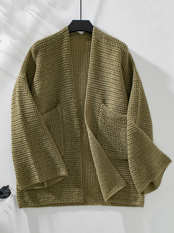 Long Sleeves Loose Pockets Solid Color Split-Joint Collarless Cardigan Tops