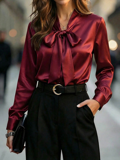 Tiered Solid Color Buttoned Long Sleeves High-low V-neck Blouses&shirts Tops