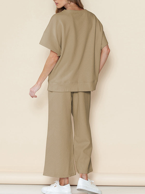 Loose Short Sleeves Solid Color Round-Neck T-Shirt Top + Drawstring Elasticity Pockets Pants Botttom Two Pieces Set