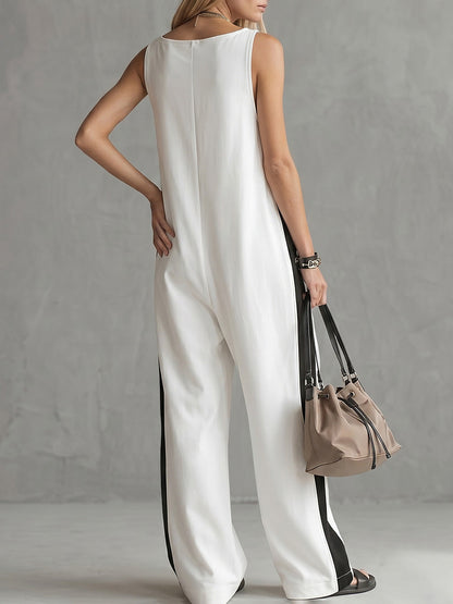 Loose Sleeveless Contrast Color Pockets Zipper V-Neck Jumpsuits