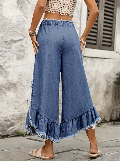 Cropped Wide Leg Drawstring Fringed Ruffled Solid Color Jean Pants Bottoms