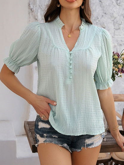Flared Sleeves Half Sleeves Buttoned Ruffle Trim Solid Color V-Neck Blouses&Shirts Tops