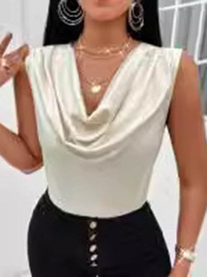 Loose Sleeveless Pleated Solid Color V-Neck Vest Top